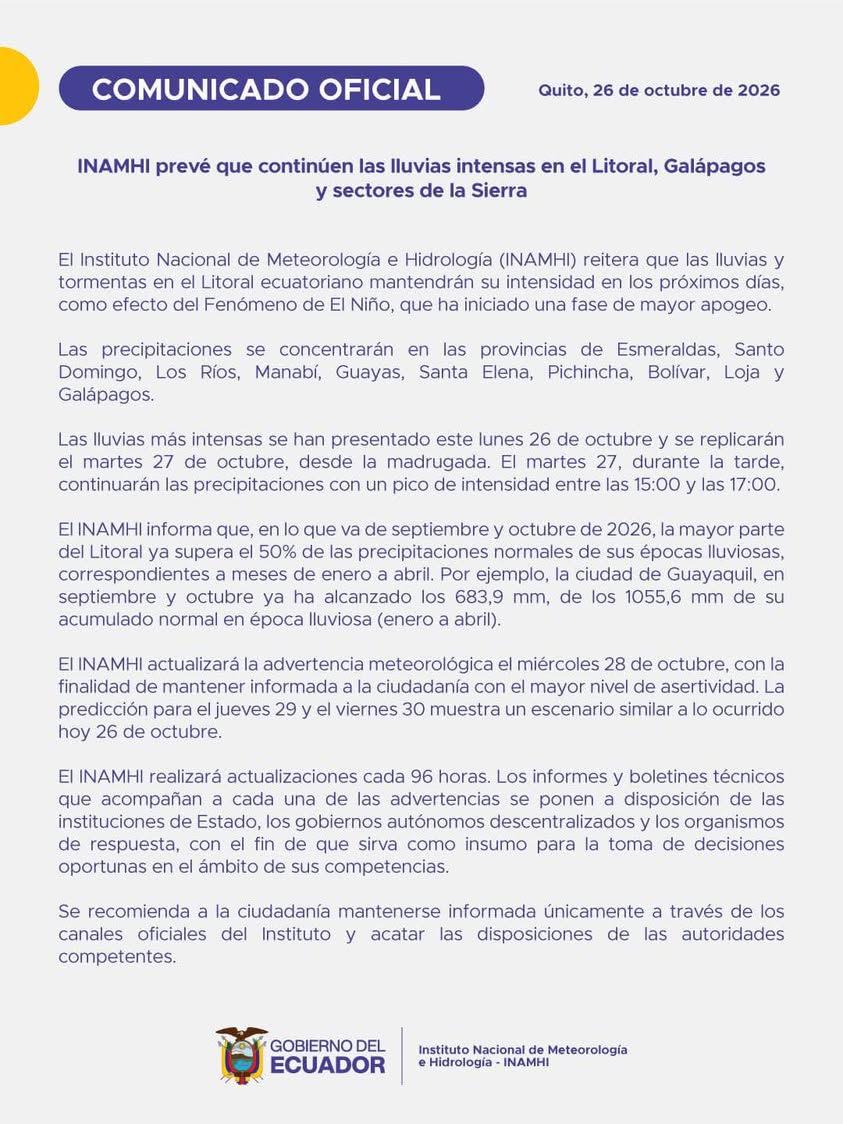 Lluvias intensas persisten en el Litoral y el INAMHI pide precaución a los vecinos