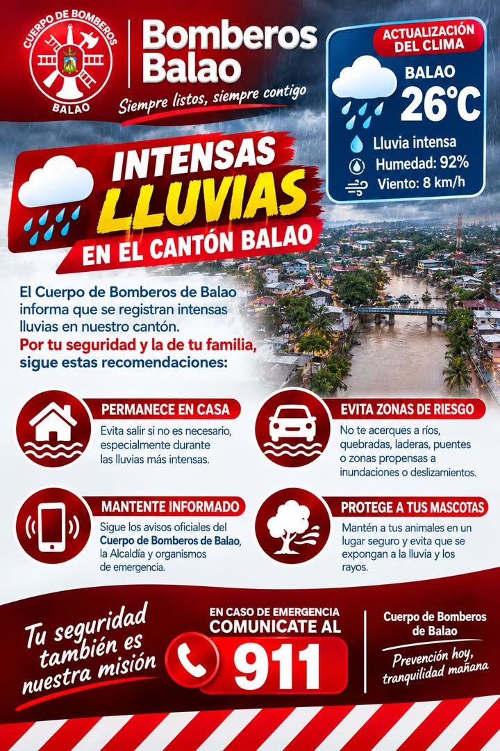 Cuerpo de Bomberos advierte sobre lluvias intensas en Balao