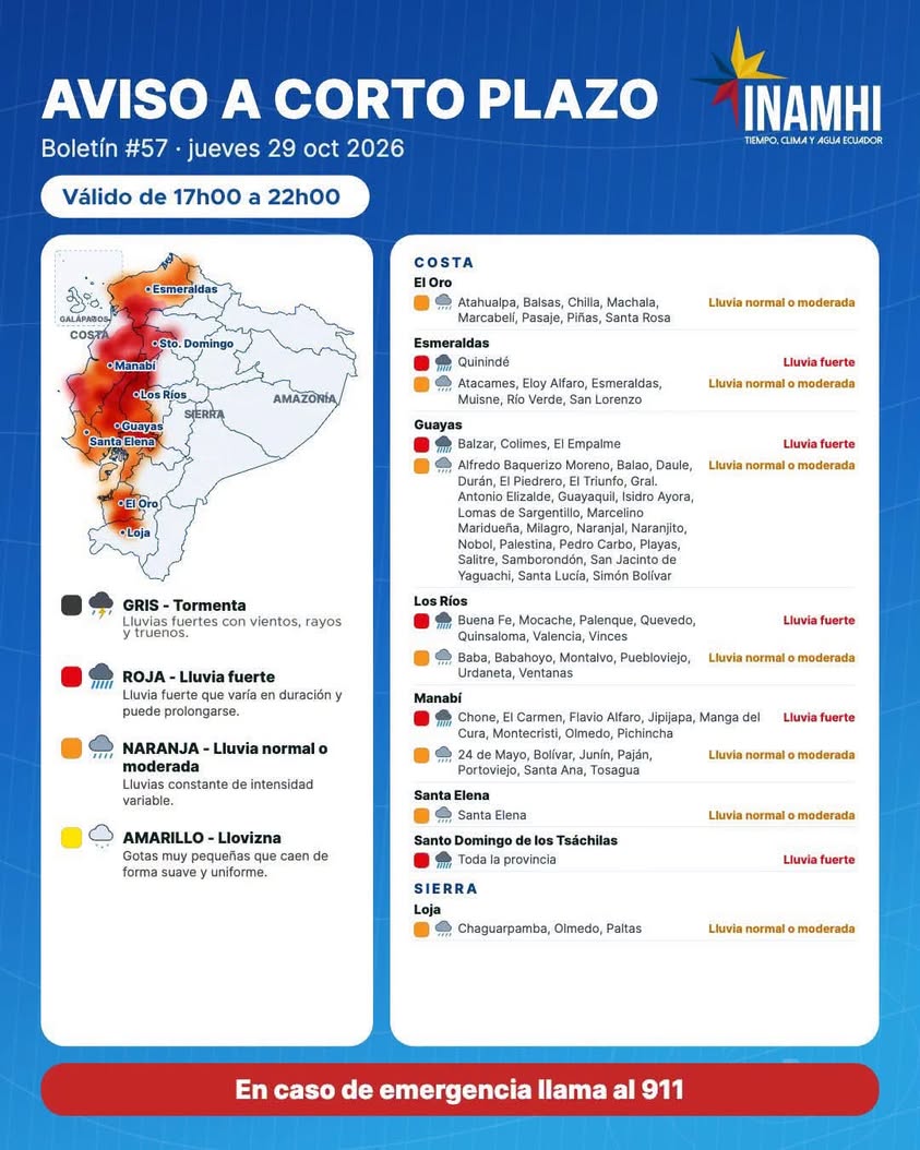 Lluvias se esperan en Balao este jueves desde las 17:00