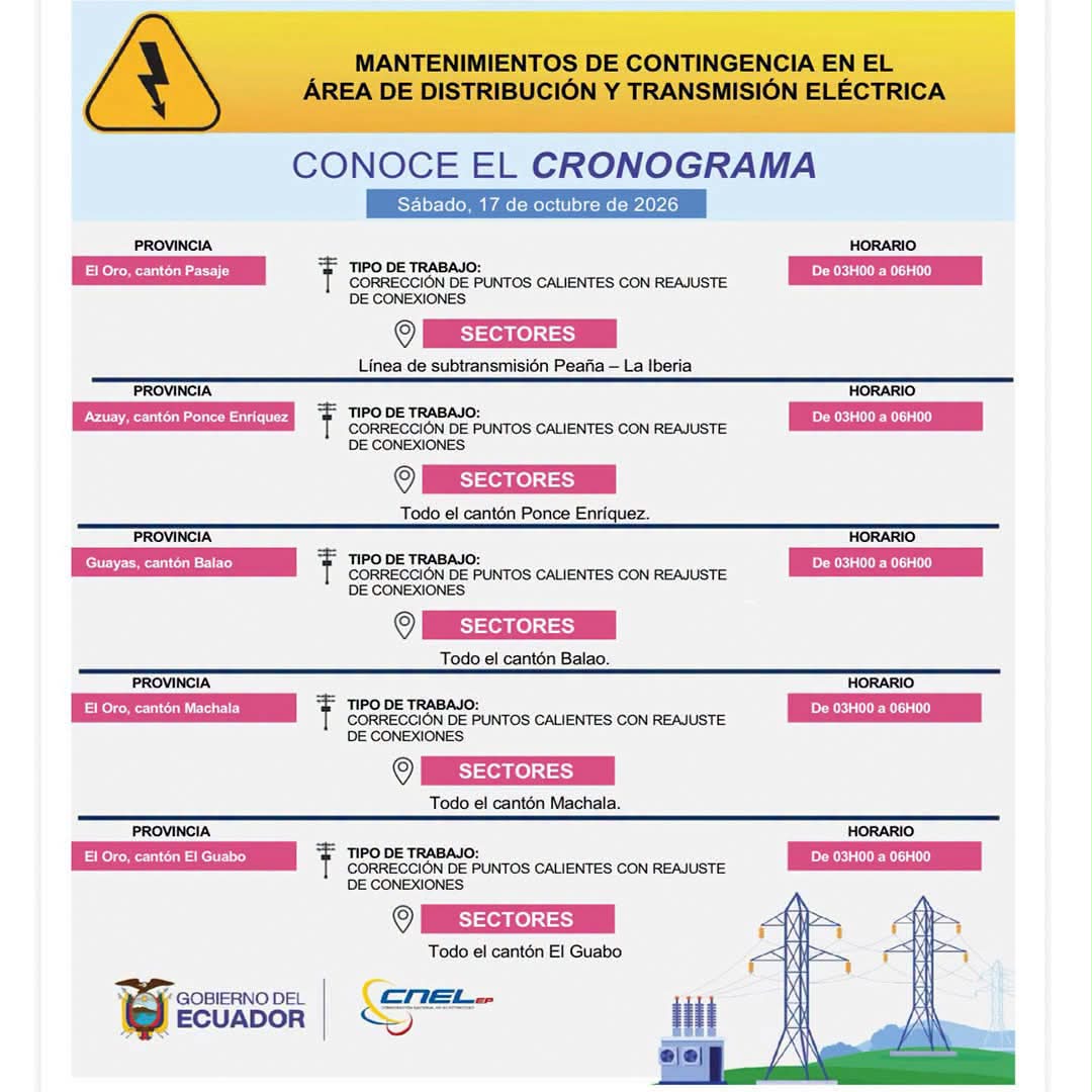 CNEL suspenderá el servicio eléctrico en todo Balao este sábado por la madrugada